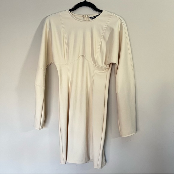 Zara Cream Long-Sleeve Stretch Mini Dress - NWT - Seam Details - Size Small - Picture 2 of 9